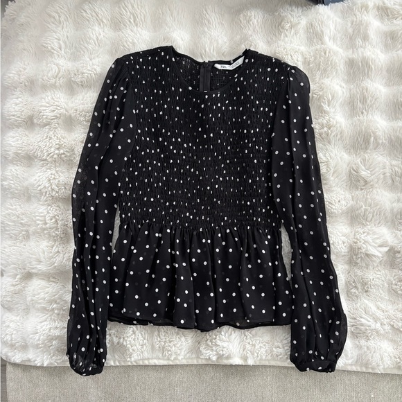 Zara Black and White Polka Dot Smocked Peplum Blouse Size Small - Picture 2 of 4